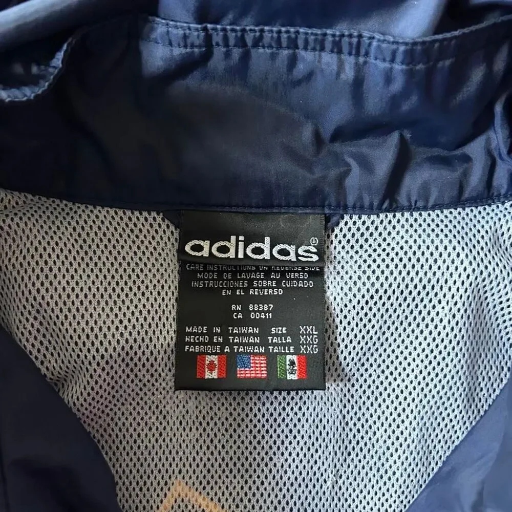 Vintage 90s Adidas Windbreaker Jacket Navy Blue Yellow Full Zip XXL